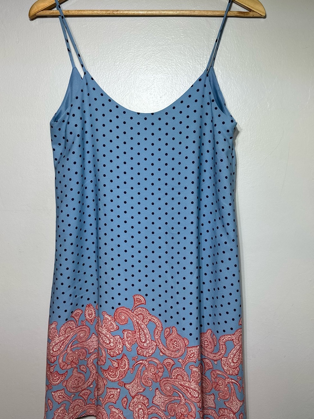 Everleigh Blue Polka Dot Satin Dress with Pink Paisley Hem women’s size Small - Picture 2 of 6